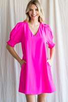 Smocked Sleeve V-Neck Dress
