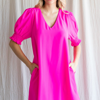 Smocked Sleeve V-Neck Dress