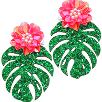 Glitter Monsterra & Flower Earrings