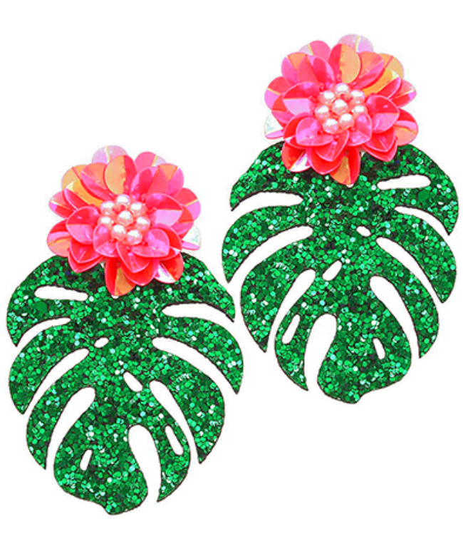 Glitter Monsterra & Flower Earrings