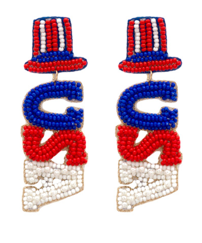 Beaded USA & Hat Drop Earrings
