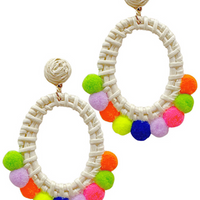 Hollow Oval Rattan Pompom Earrings