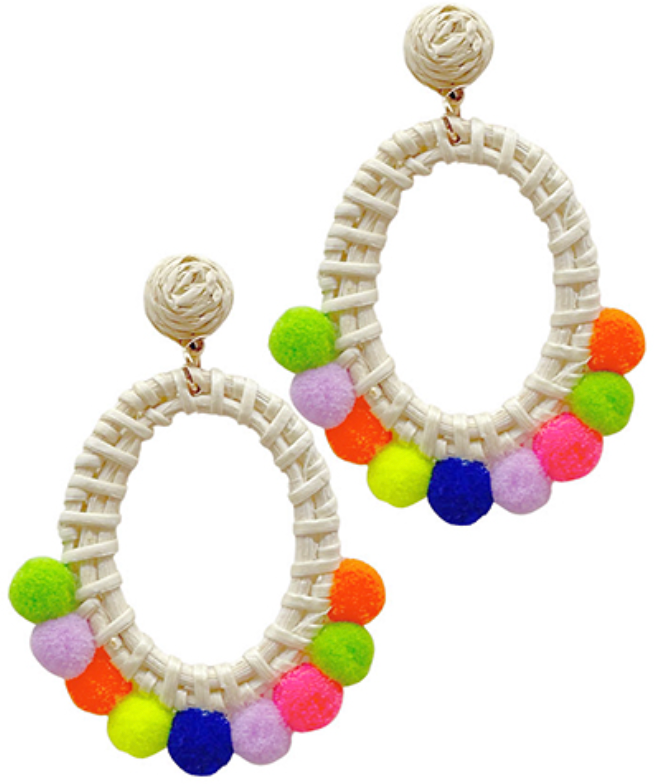Hollow Oval Rattan Pompom Earrings