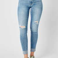 Judy Blue Mid Rise Destroyed Cuffed Skinny Jeans