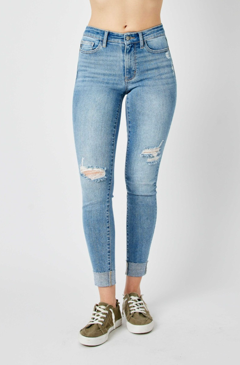 Judy Blue Mid Rise Destroyed Cuffed Skinny Jeans