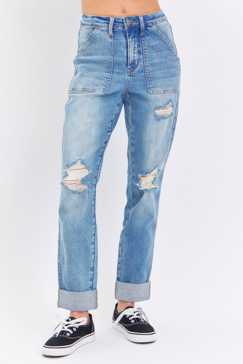 Judy Blue HW Patch Pocket Destroyed Boyfriend Jeans
