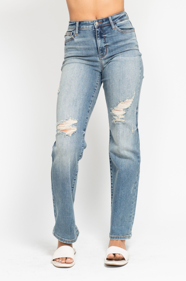 Judy Blue High Waist Dad Straight Destroyed Harsh Tint Jeans