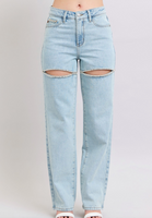 Limited Edition Judy Blue HW Rigid Magic Rhinestone Slits Detail Straight Jeans
