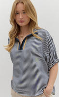 Striped Elastic Short Sleeve Dolman Top
