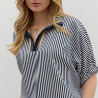 Striped Elastic Short Sleeve Dolman Top