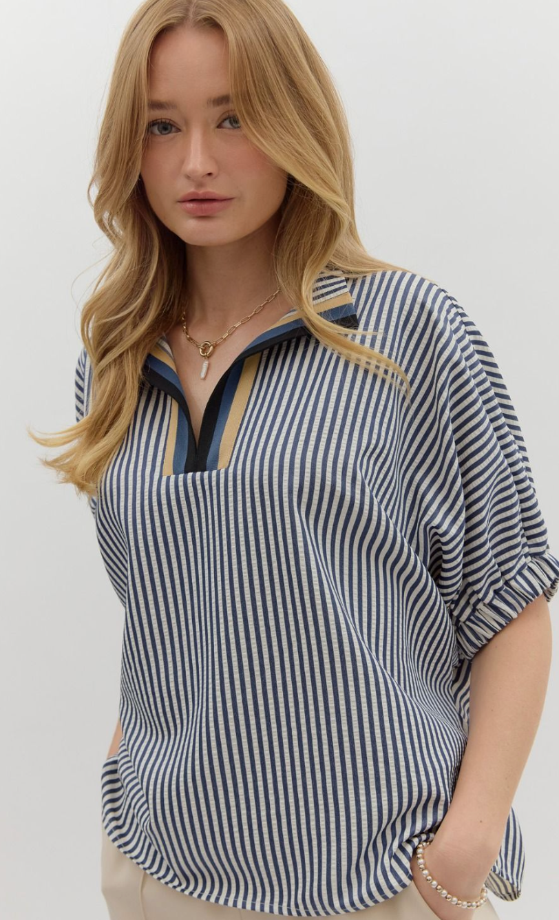 Striped Elastic Short Sleeve Dolman Top