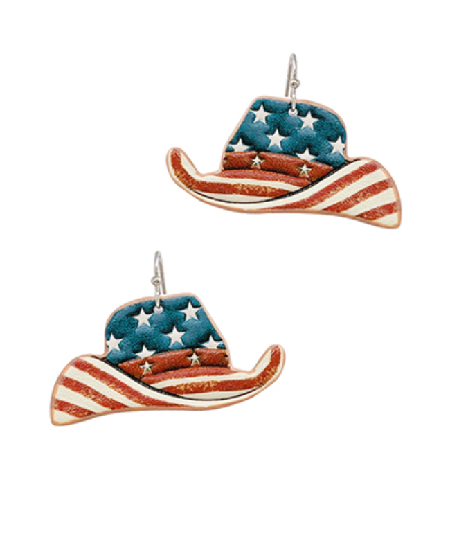 American Flag Leather Cowboy Hat Earrings