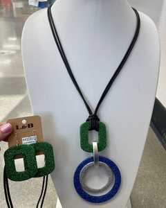 Blue/Green Sparkly Geometric Necklace Earring Set ALL SALES FINAL