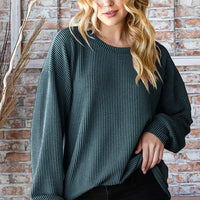 Hunter Green Puff Sleeve Ribbed Long Sleeve Top