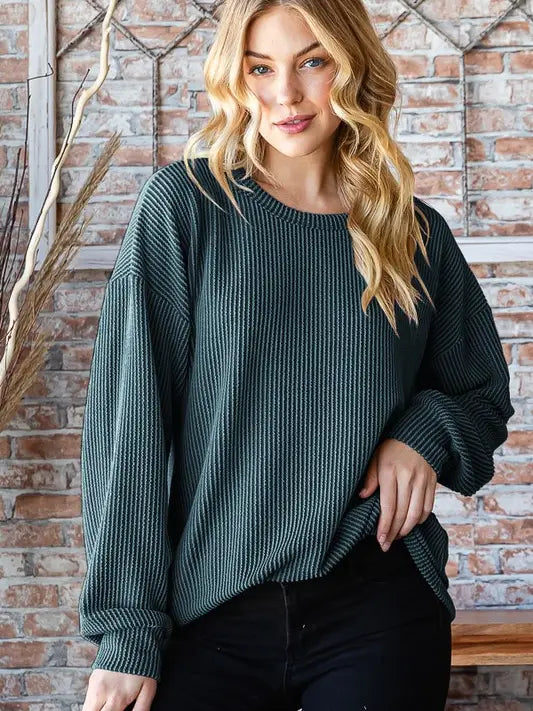 Hunter Green Puff Sleeve Ribbed Long Sleeve Top