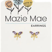 Gold Violet Dragonfly Stud Earrings