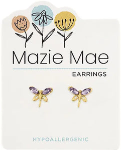 Gold Violet Dragonfly Stud Earrings
