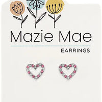 Silver CZ & Light Rose Open Heart Stud Earrings