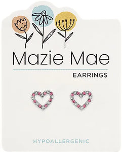 Silver CZ & Light Rose Open Heart Stud Earrings