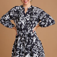 Geometric Print Dress with Belt Tie
