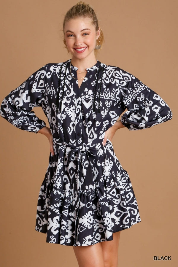 Geometric Print Dress with Belt Tie