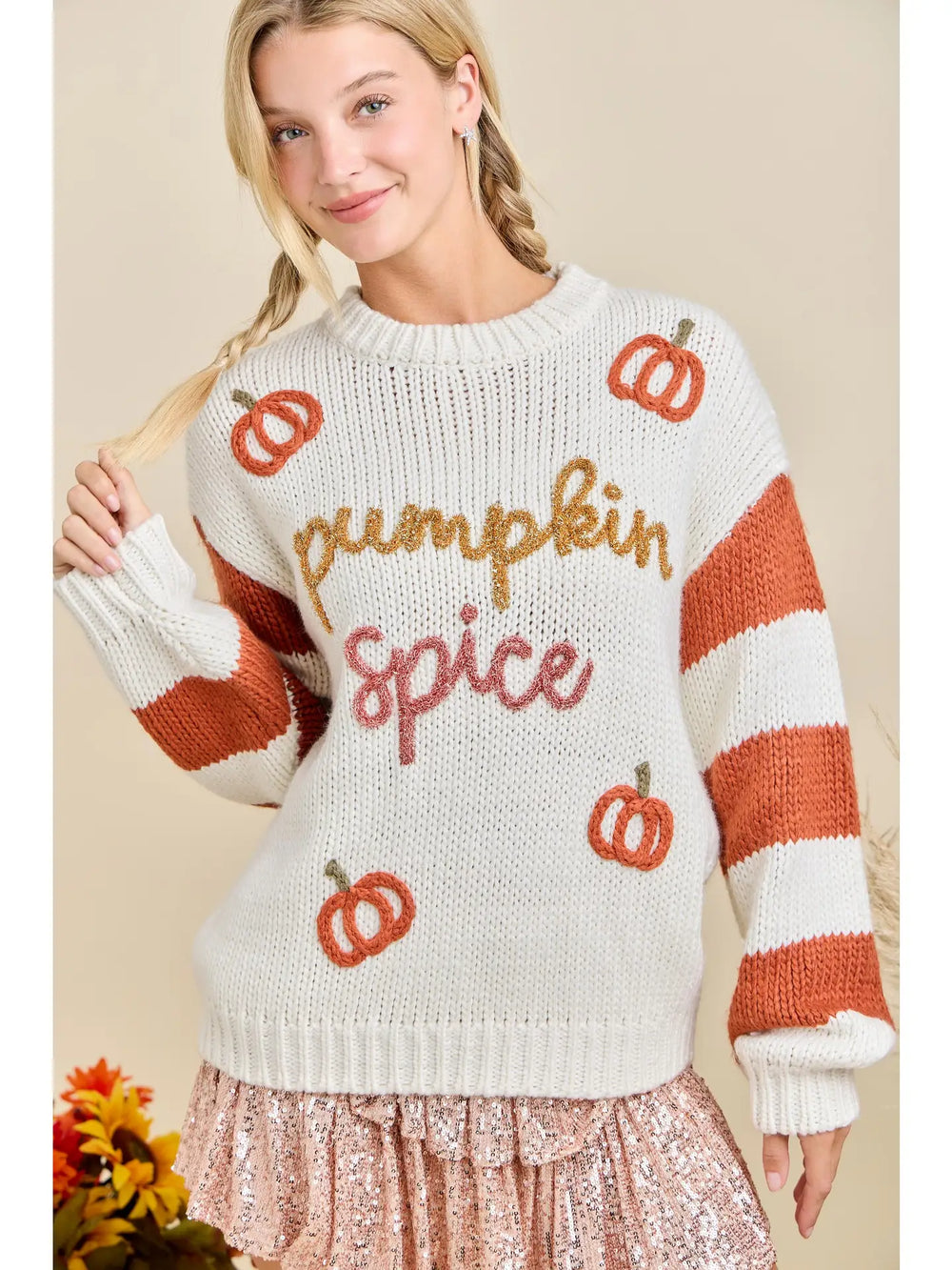 Pumpkin Spice Tinsel Letter Sweater