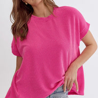 Asymmetrical Hem Ribbed Short Sleeve Top