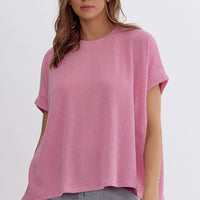 Asymmetrical Hem Ribbed Short Sleeve Top