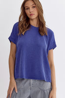 Asymmetrical Hem Ribbed Short Sleeve Top
