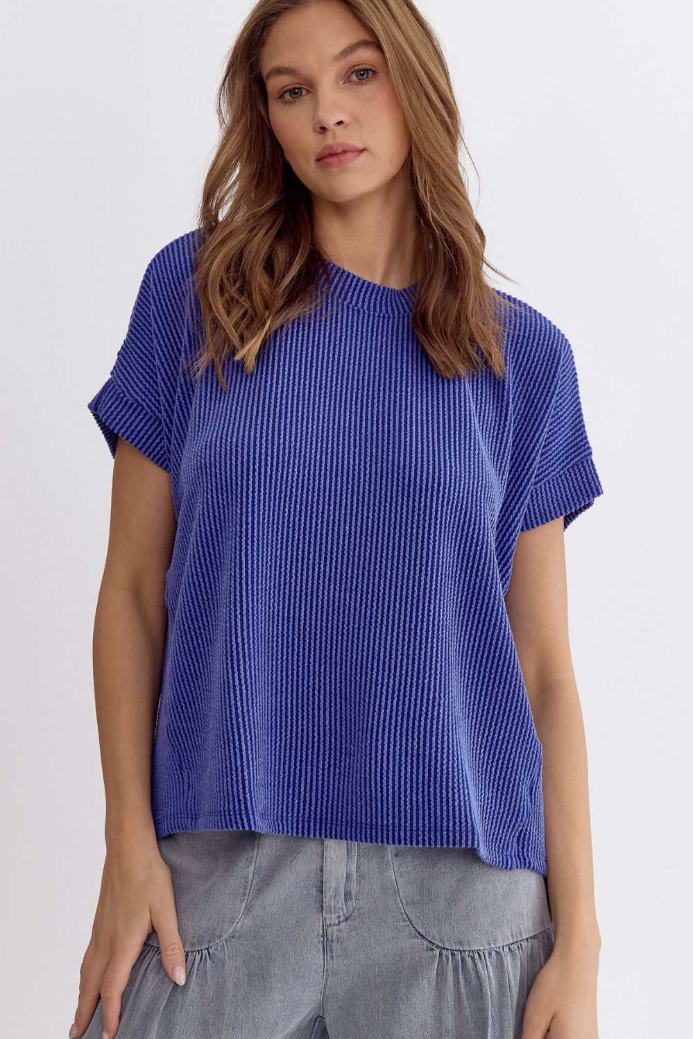 Asymmetrical Hem Ribbed Short Sleeve Top