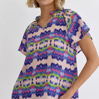 Printed Ruffle Neck V Neck