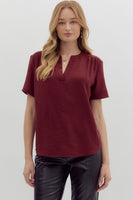 Burgundy Short Sleeve V Neck Top
