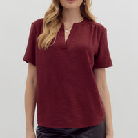Burgundy Short Sleeve V Neck Top