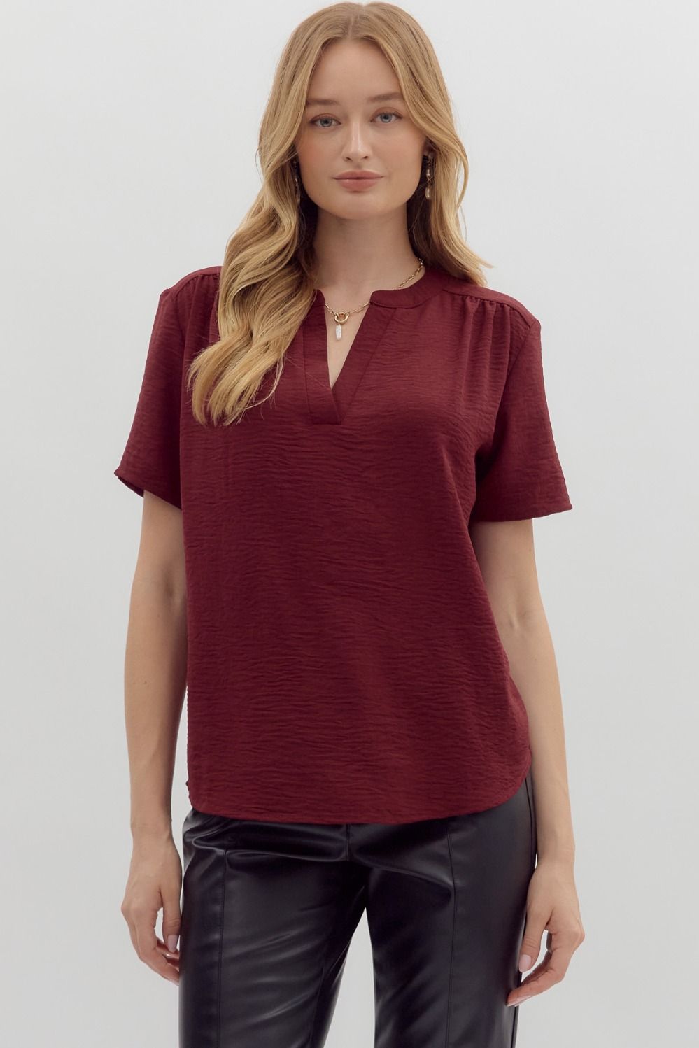 Burgundy Short Sleeve V Neck Top