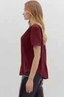 Burgundy Short Sleeve V Neck Top
