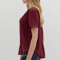 Burgundy Short Sleeve V Neck Top