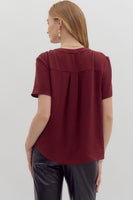 Burgundy Short Sleeve V Neck Top
