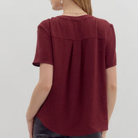 Burgundy Short Sleeve V Neck Top