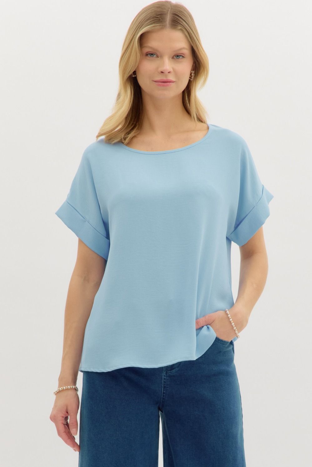Blue Roll-Up Short Sleeve Top