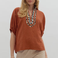 Rust Leopard Print V Neck Blouse