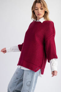Wine 3/4 Sleeve Boxy Sweater