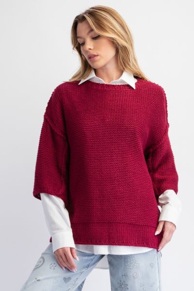 Wine 3/4 Sleeve Boxy Sweater