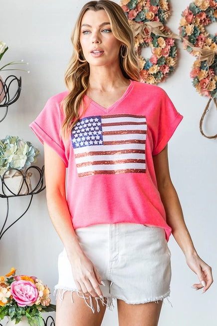 Short Sleeve Pink All American Sequin Flag Shirt