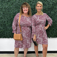 Wine & Cream Wave Long Sleeve Dress