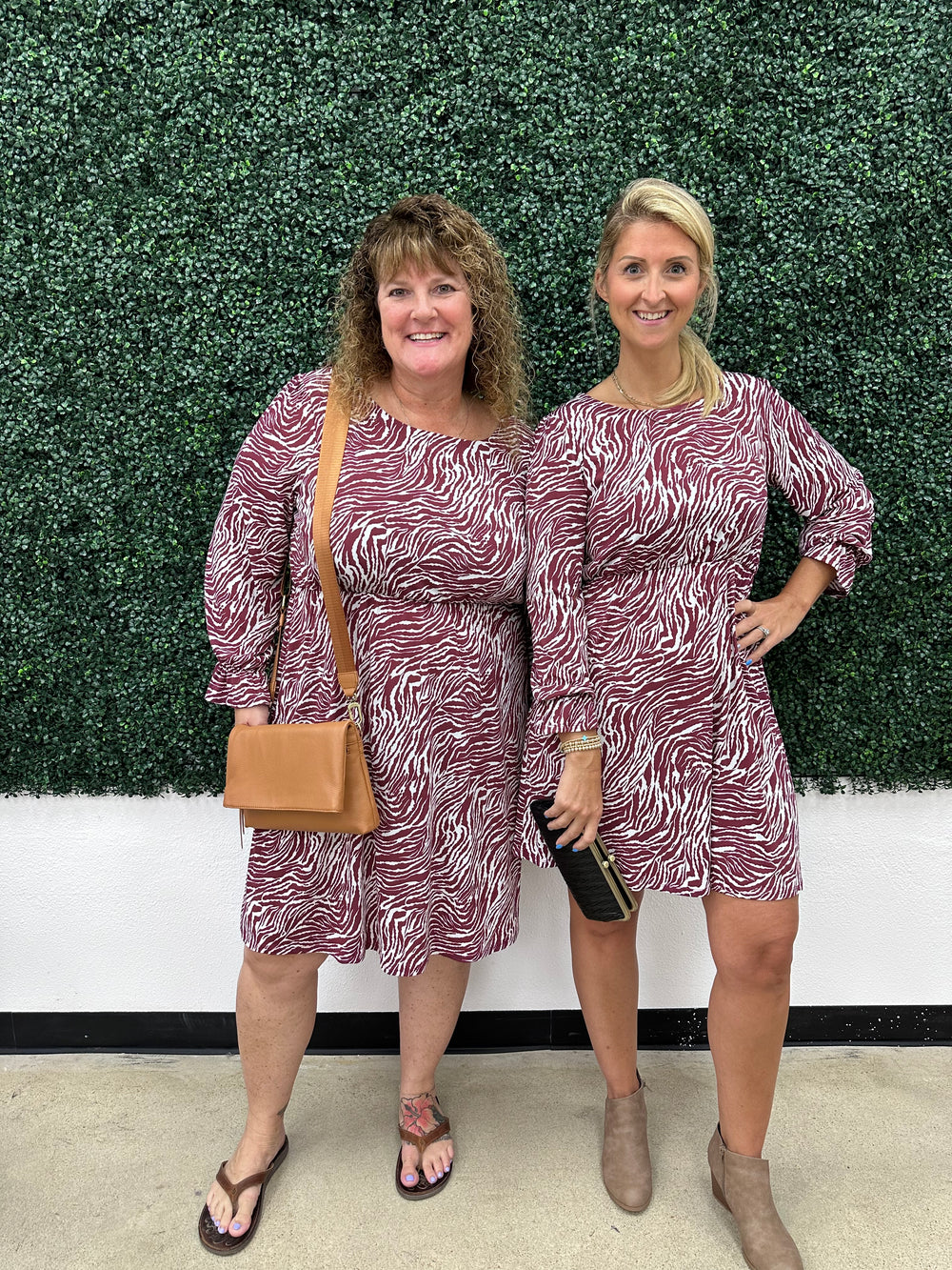 Wine & Cream Wave Long Sleeve Dress