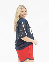 Navy Lace "USA" Jersey Top with Iridescent Glitter

