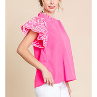 Frill Neck Embroidered Short Sleeve Top