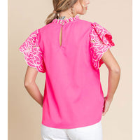 Frill Neck Embroidered Short Sleeve Top
