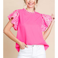 Frill Neck Embroidered Short Sleeve Top