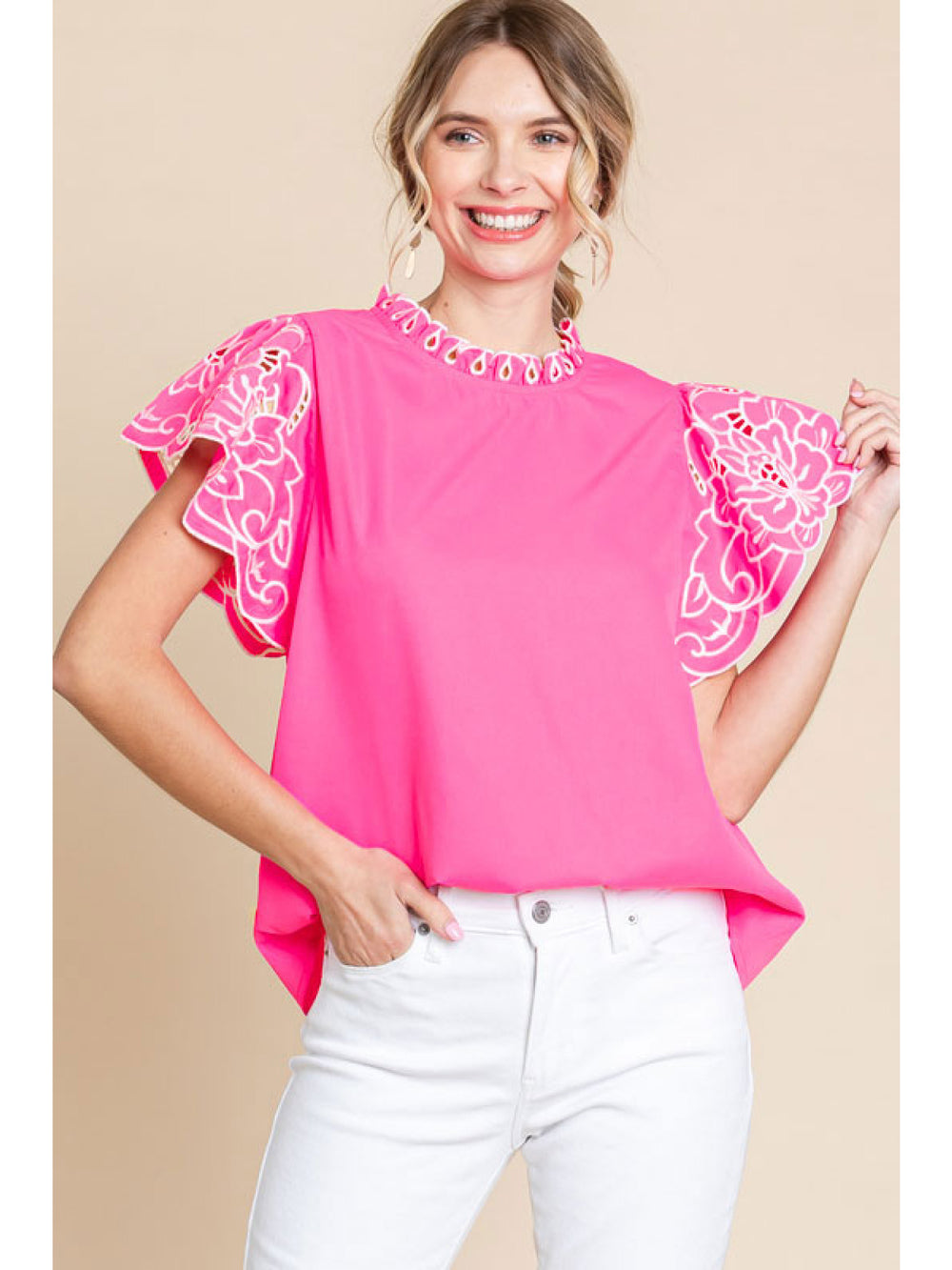 Frill Neck Embroidered Short Sleeve Top